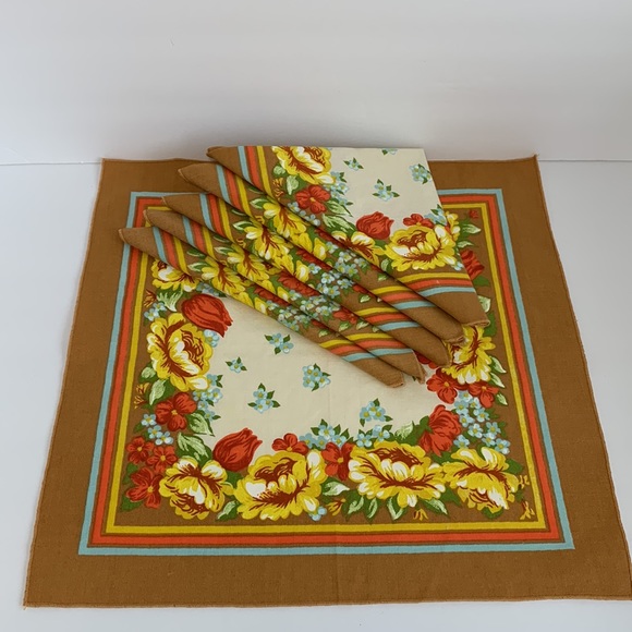 VTG Cloth Napkins Set of 6 Cloth Floral and Stripes 60โs-70โs Colors on Cream - Picture 13 of 13
